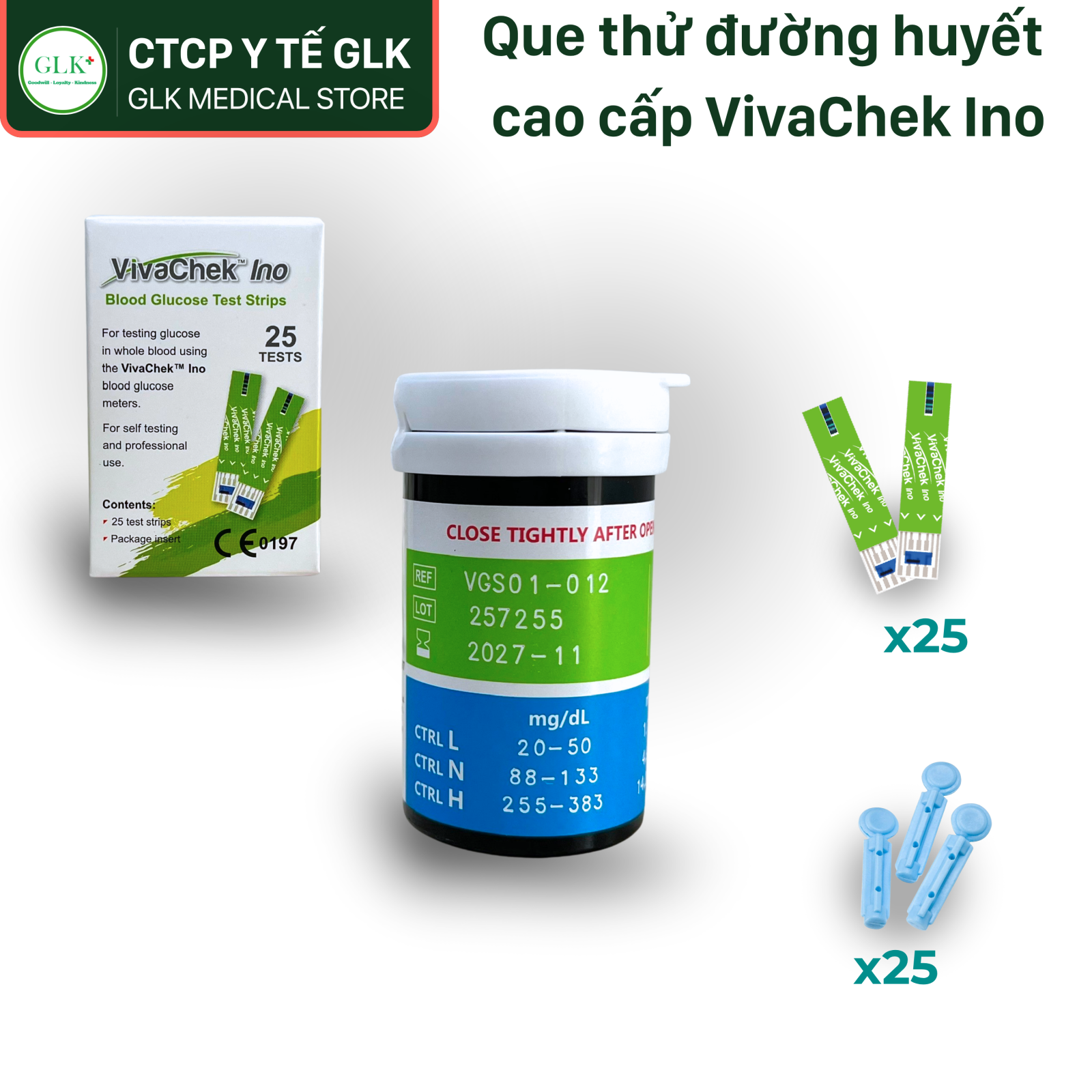 Combo D: 25 que thử đường huyết + 25 kim lấy mẫu