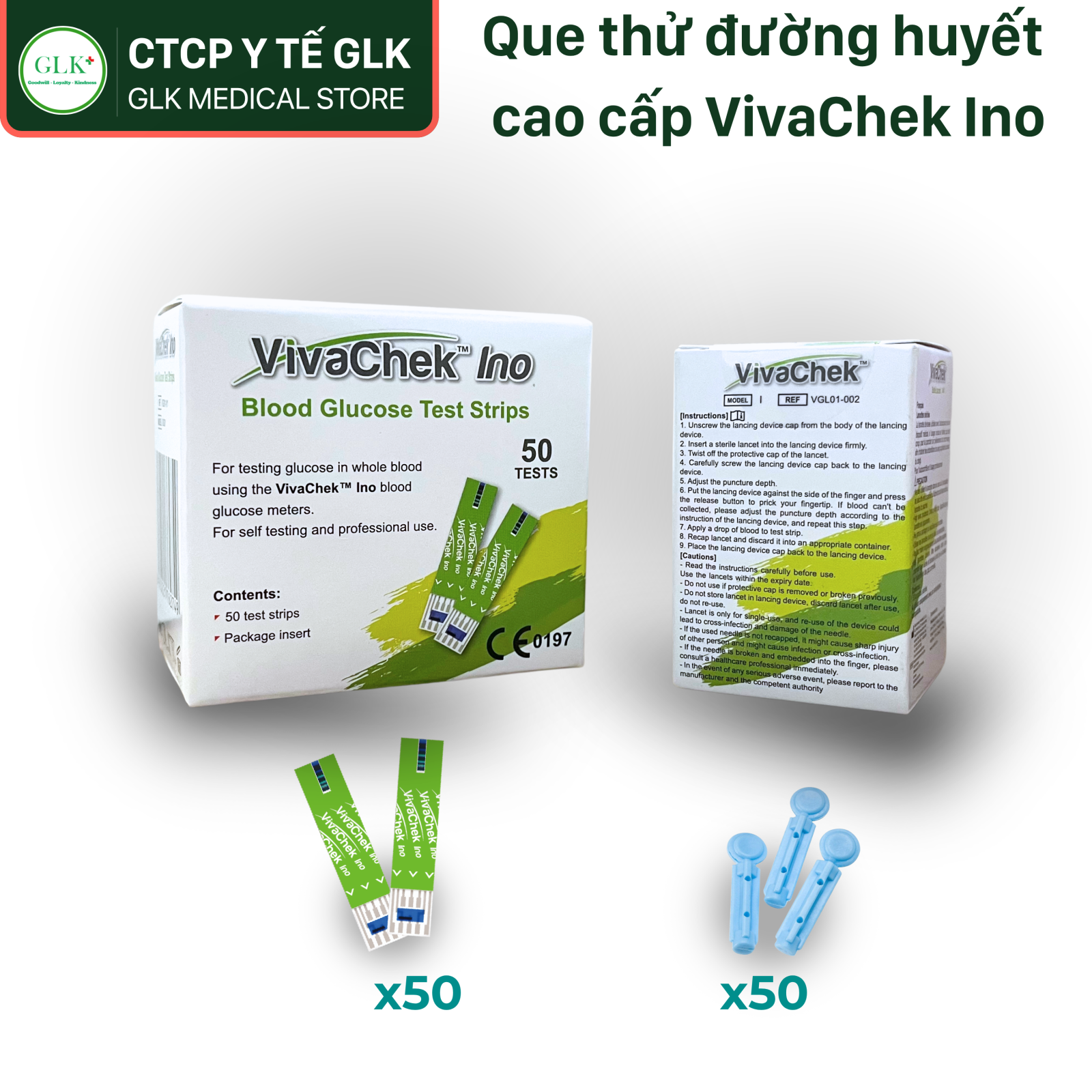 Combo C: 50 que thử đường huyết + 50 kim lấy mẫu