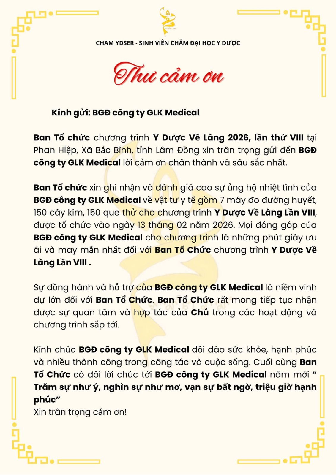 CTCP Y TẾ GLK TRÂN TRỌNG NHẬN THƯ CẢM ƠN TỪ CHƯƠNG TRÌNH “Y DƯỢC VỀ LÀNG 2026”