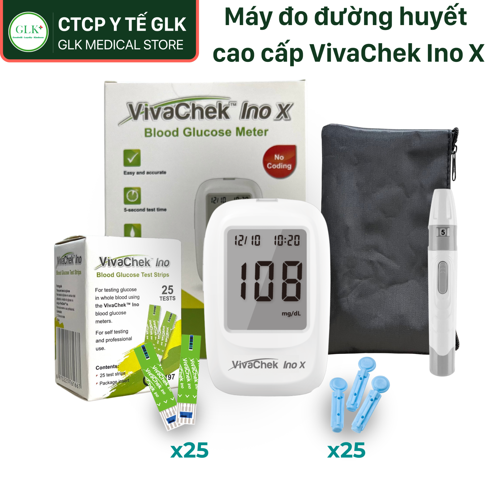 Combo B: Máy đo đường huyết cao cấp VivaChek Ino X + 25 Que + 25 kim