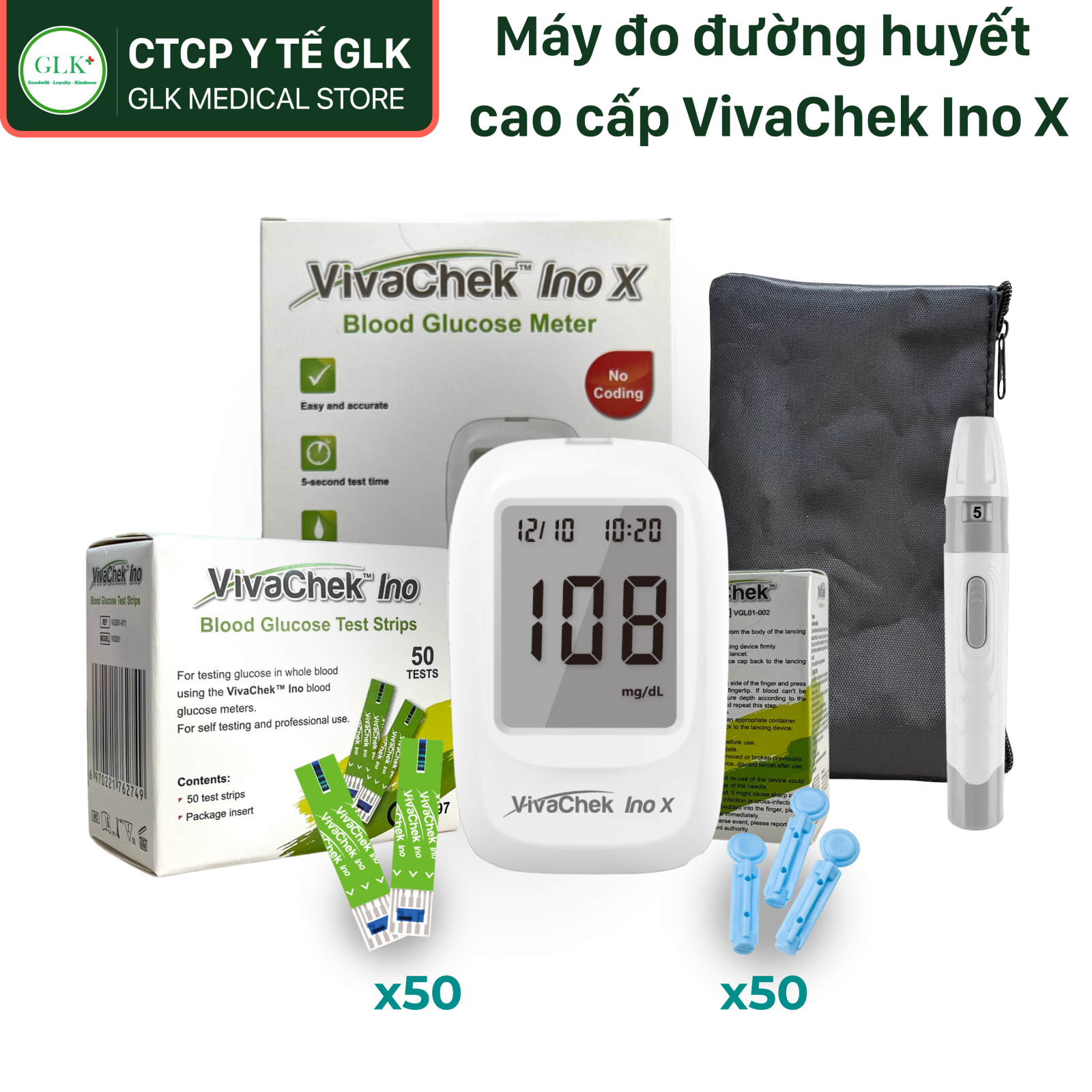Combo A: Máy đo đường huyết cao cấp VivaChek Ino X + 50 Que + 50 kim